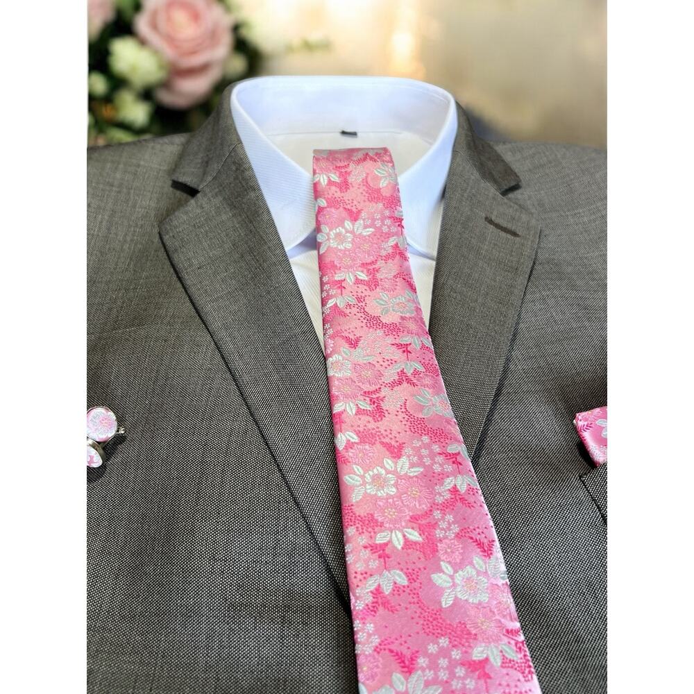 Men’s 3 Piece Tie Set Pink Floral Tie Pocket Square Cufflinks 57.75"x3.25"